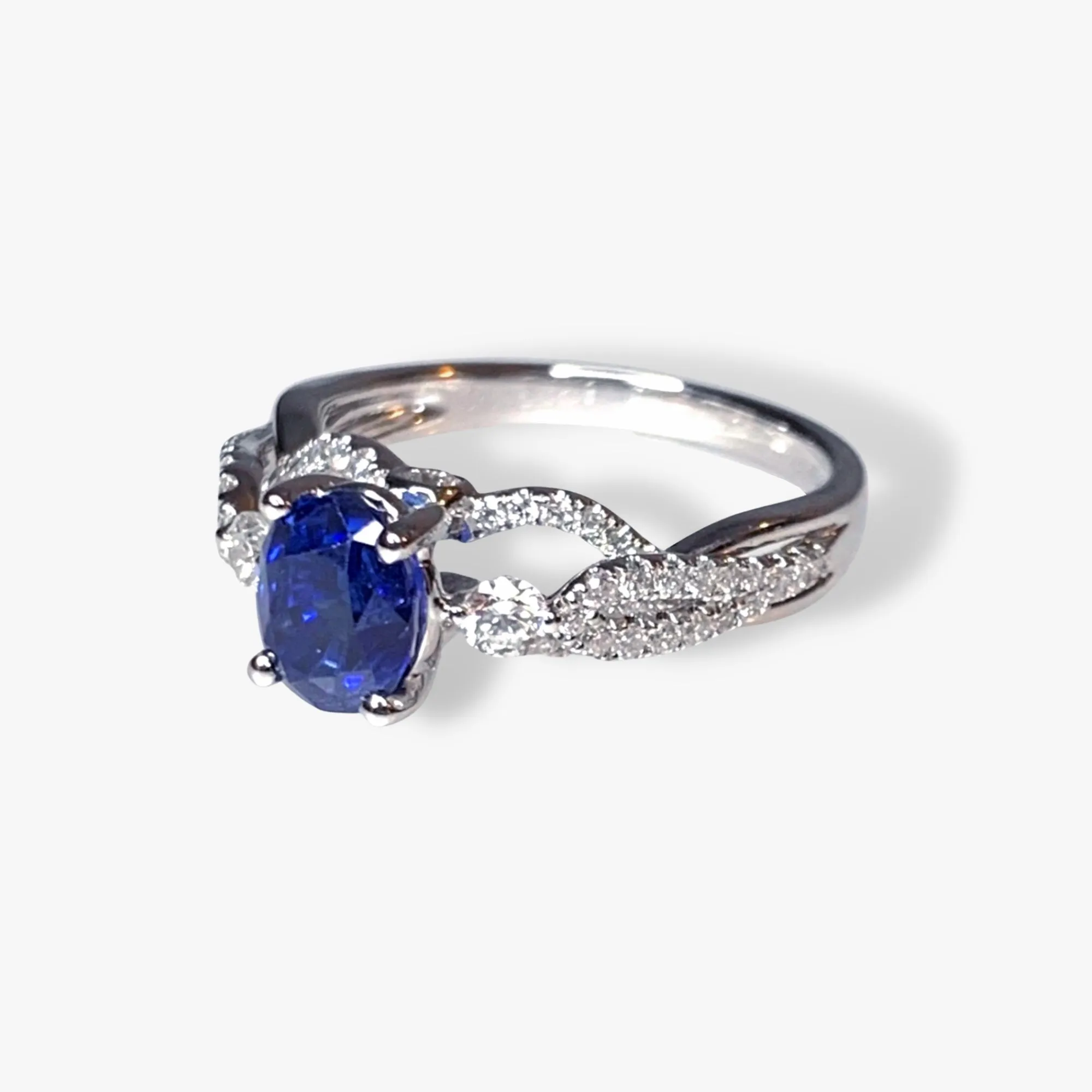 18k White Gold Oval Blue Sapphire and Diamond Twisted Shank Ring