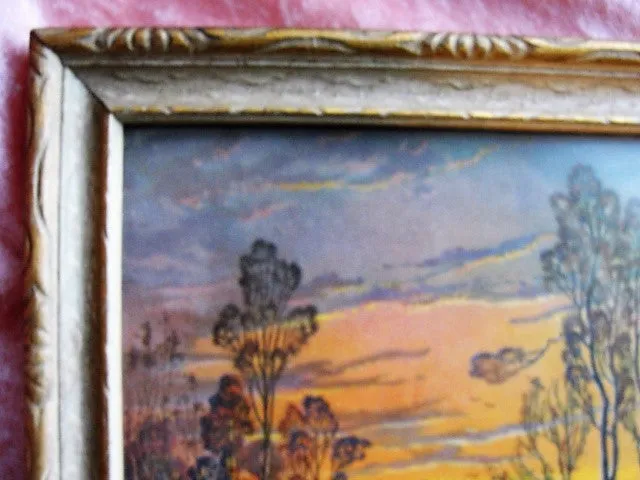 ANTIQUE 1920s Romantic Charming Framed Print Cozy Winter Scene Picure Very Thomas Kinkade Farm House Decor Collectible Winter Scenes