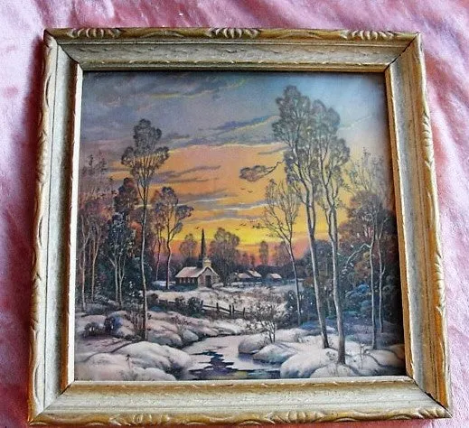 ANTIQUE 1920s Romantic Charming Framed Print Cozy Winter Scene Picure Very Thomas Kinkade Farm House Decor Collectible Winter Scenes