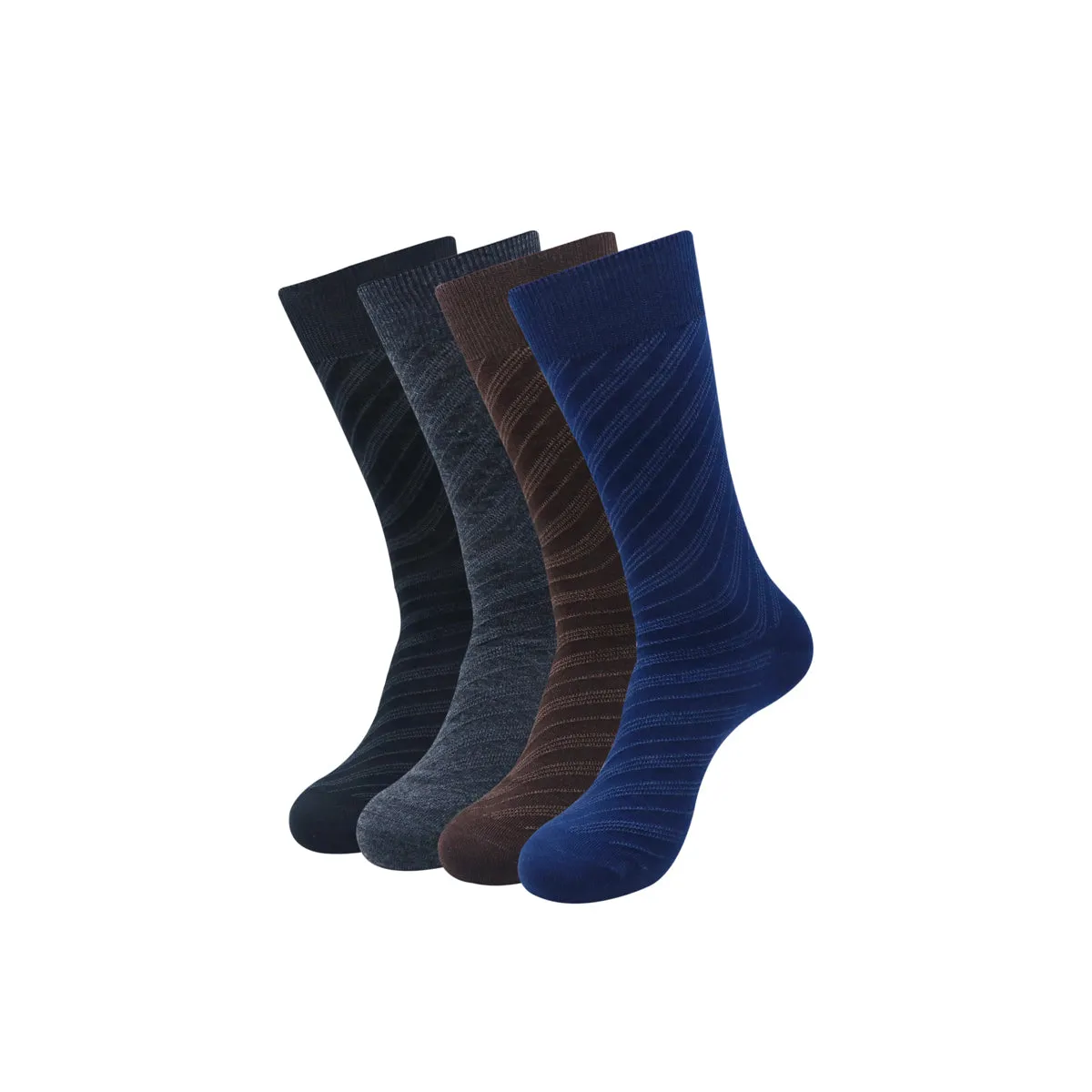 Balenzia Men's Woollen Diagonal Stripes design Crew Socks - Black, Navy, D.Grey,Brown- (Pack of 4 Pairs/1U)