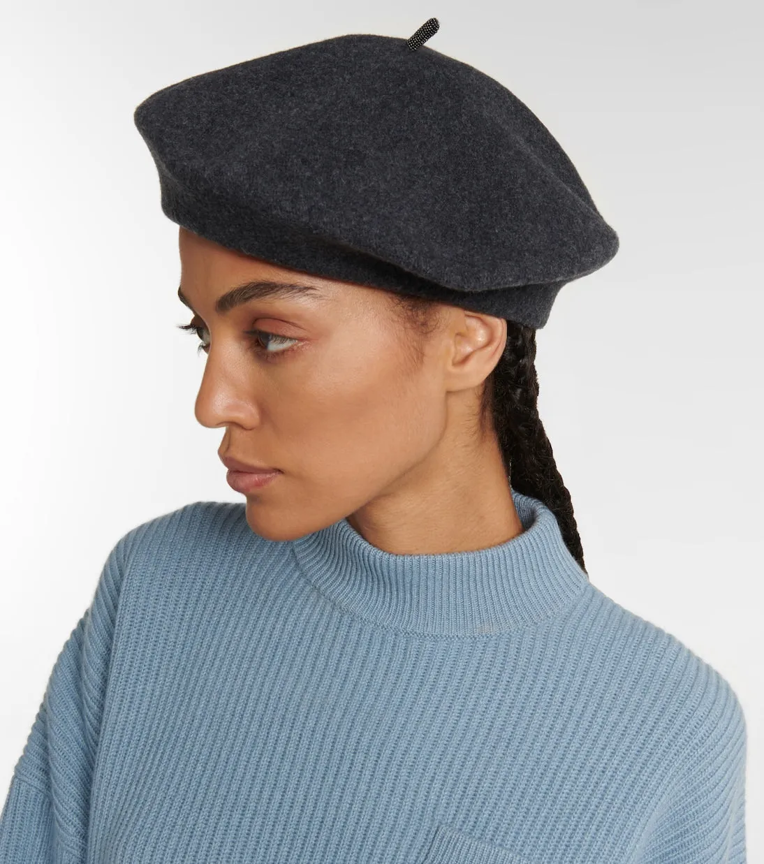 Brunello Cucinelli Embellished Wool Knitted Beret, Gray