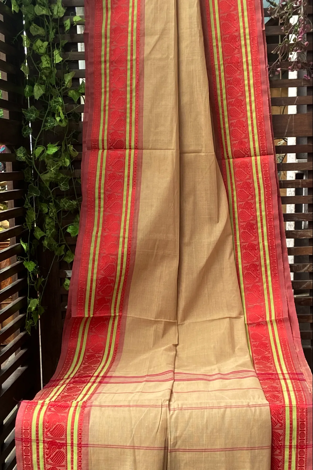 chettinad cotton saree - beige dust & madder gold
