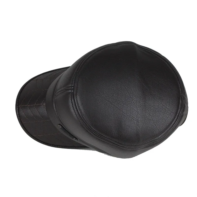 Faux Leather Military Cap with Ear Flaps