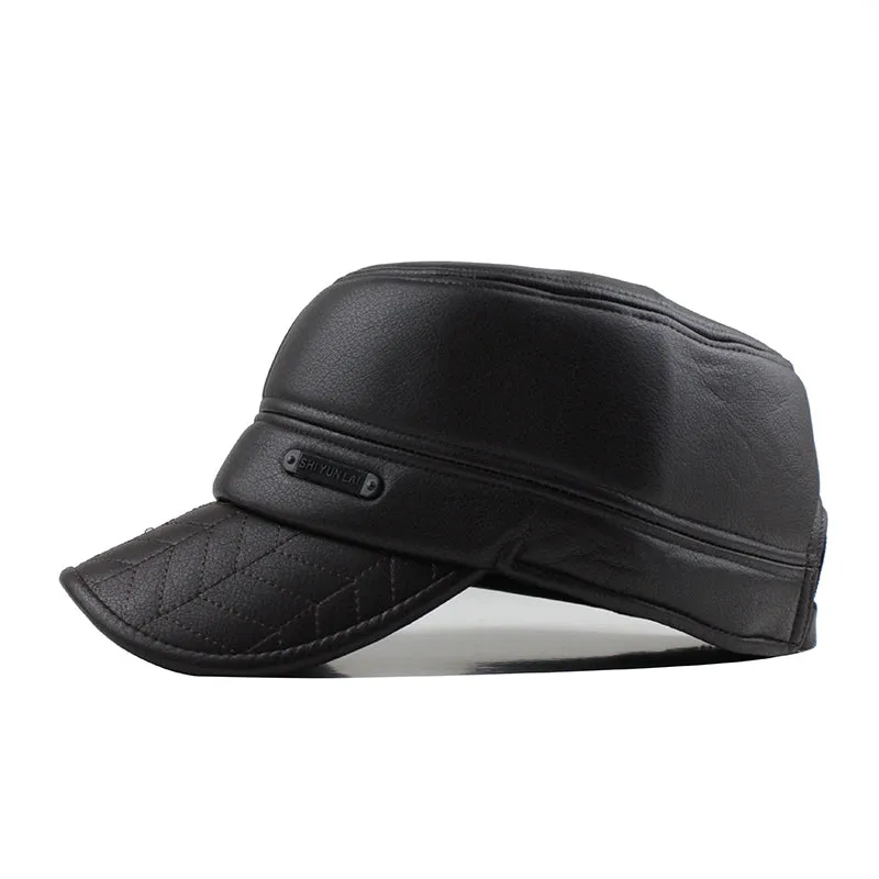 Faux Leather Military Cap with Ear Flaps
