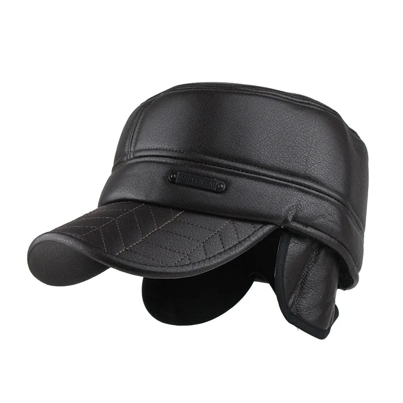 Faux Leather Military Cap with Ear Flaps