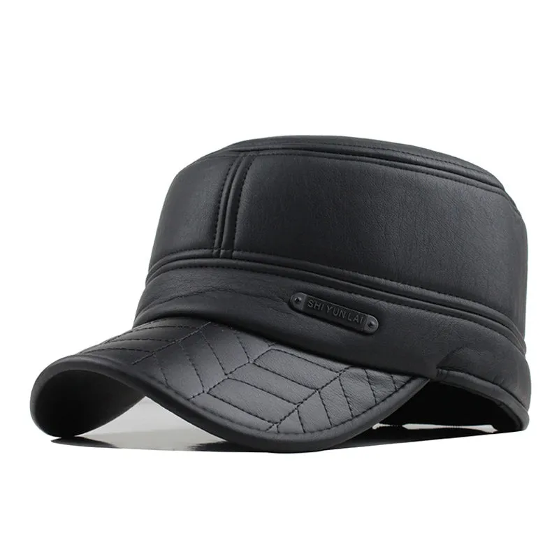 Faux Leather Military Cap with Ear Flaps