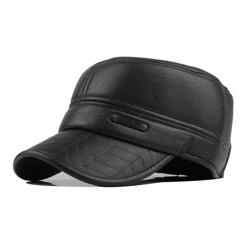 Faux Leather Military Cap with Ear Flaps