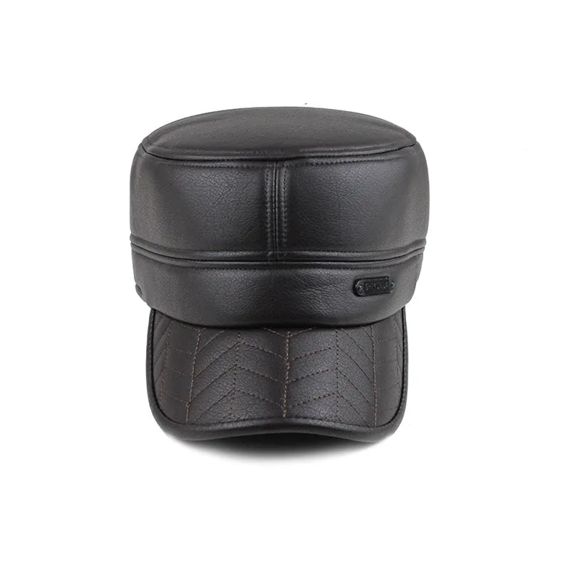 Faux Leather Military Cap with Ear Flaps