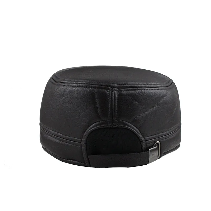 Faux Leather Military Cap with Ear Flaps