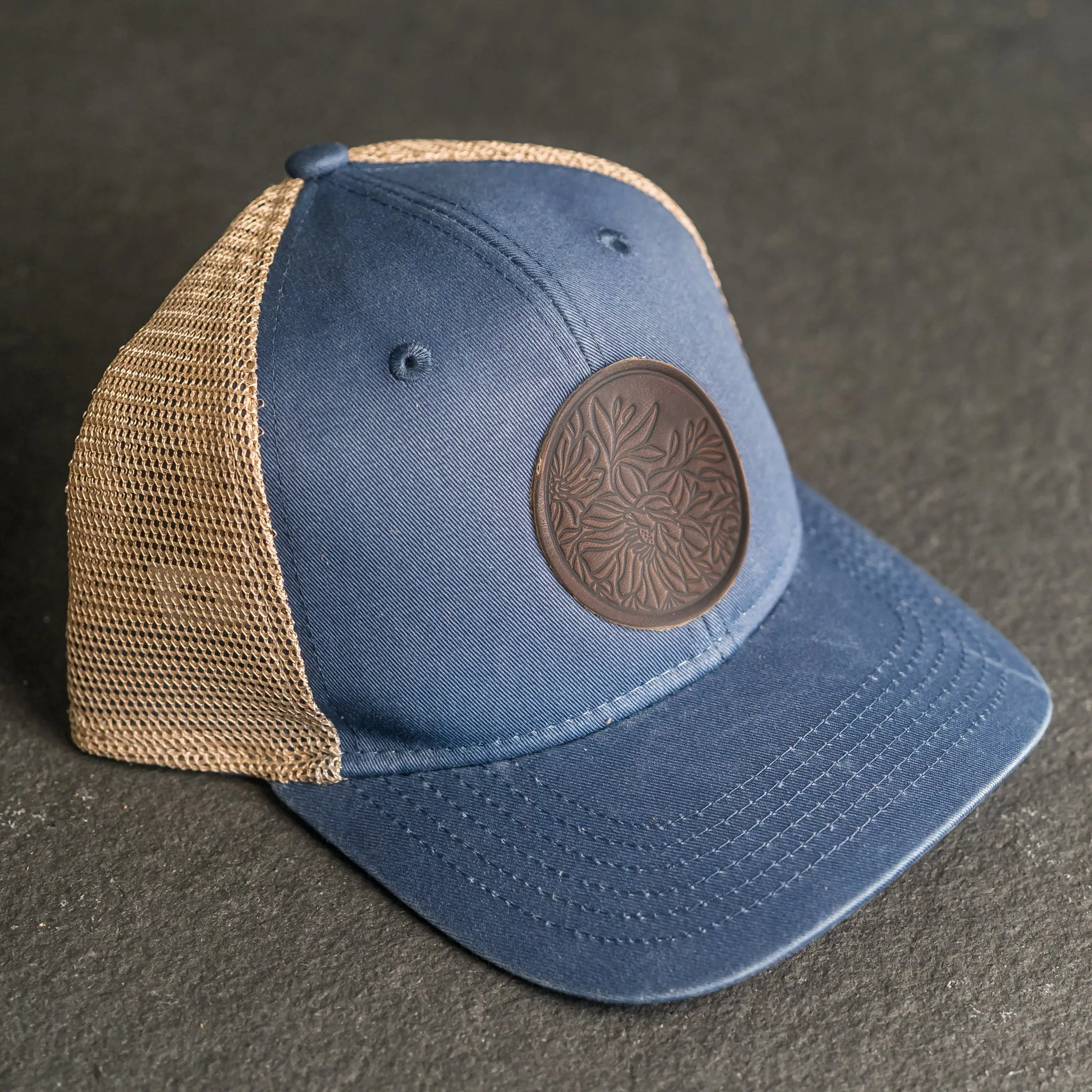 Leather Patch Ponytail Style Hat - Circle Patch - Floral Stamp