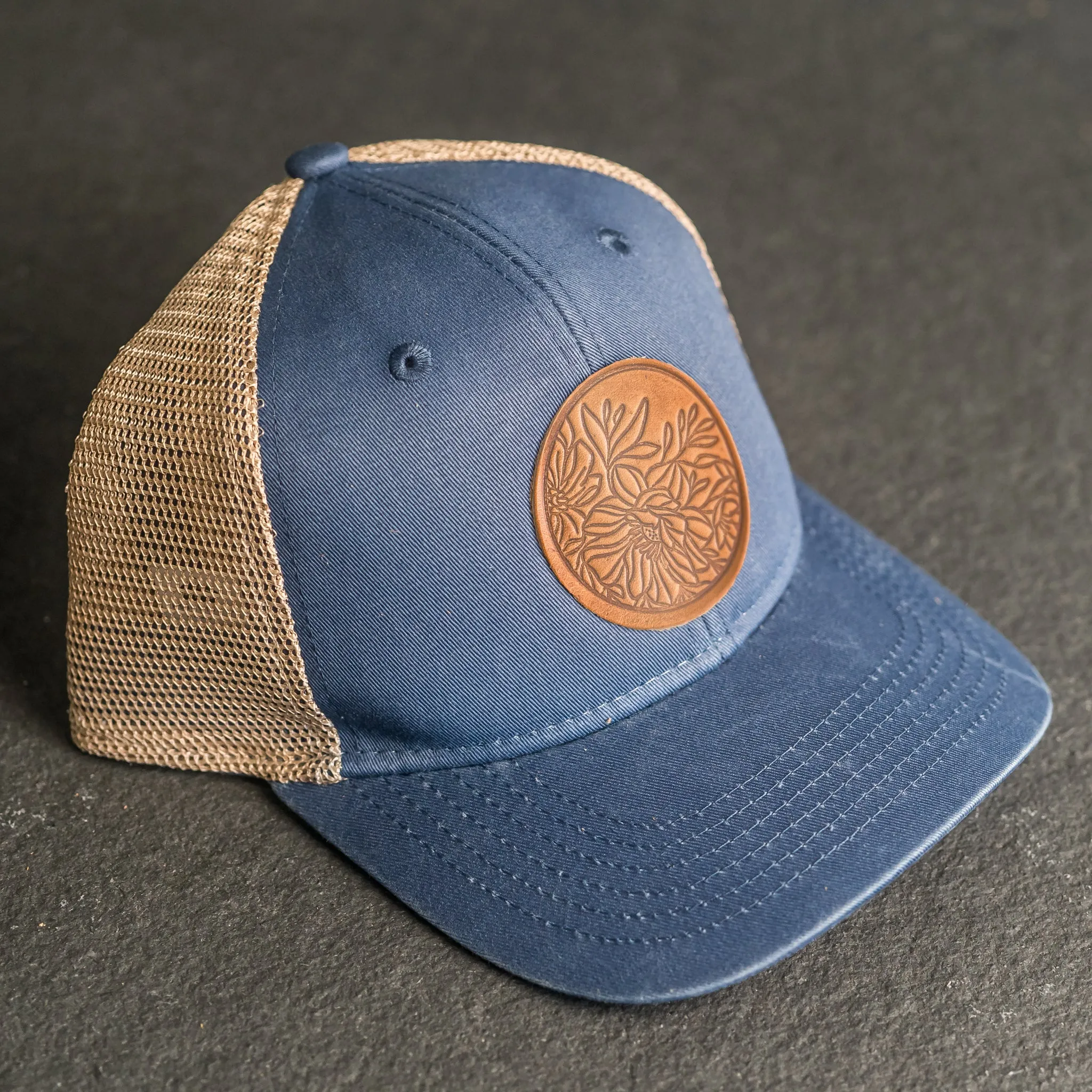 Leather Patch Ponytail Style Hat - Circle Patch - Floral Stamp