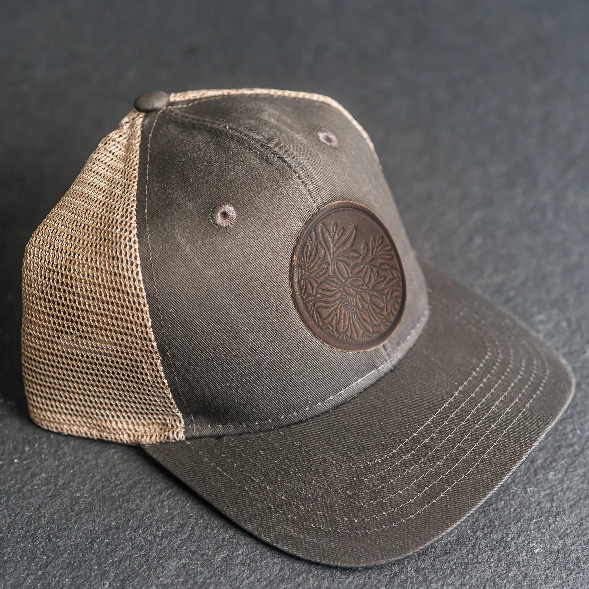 Leather Patch Ponytail Style Hat - Circle Patch - Floral Stamp