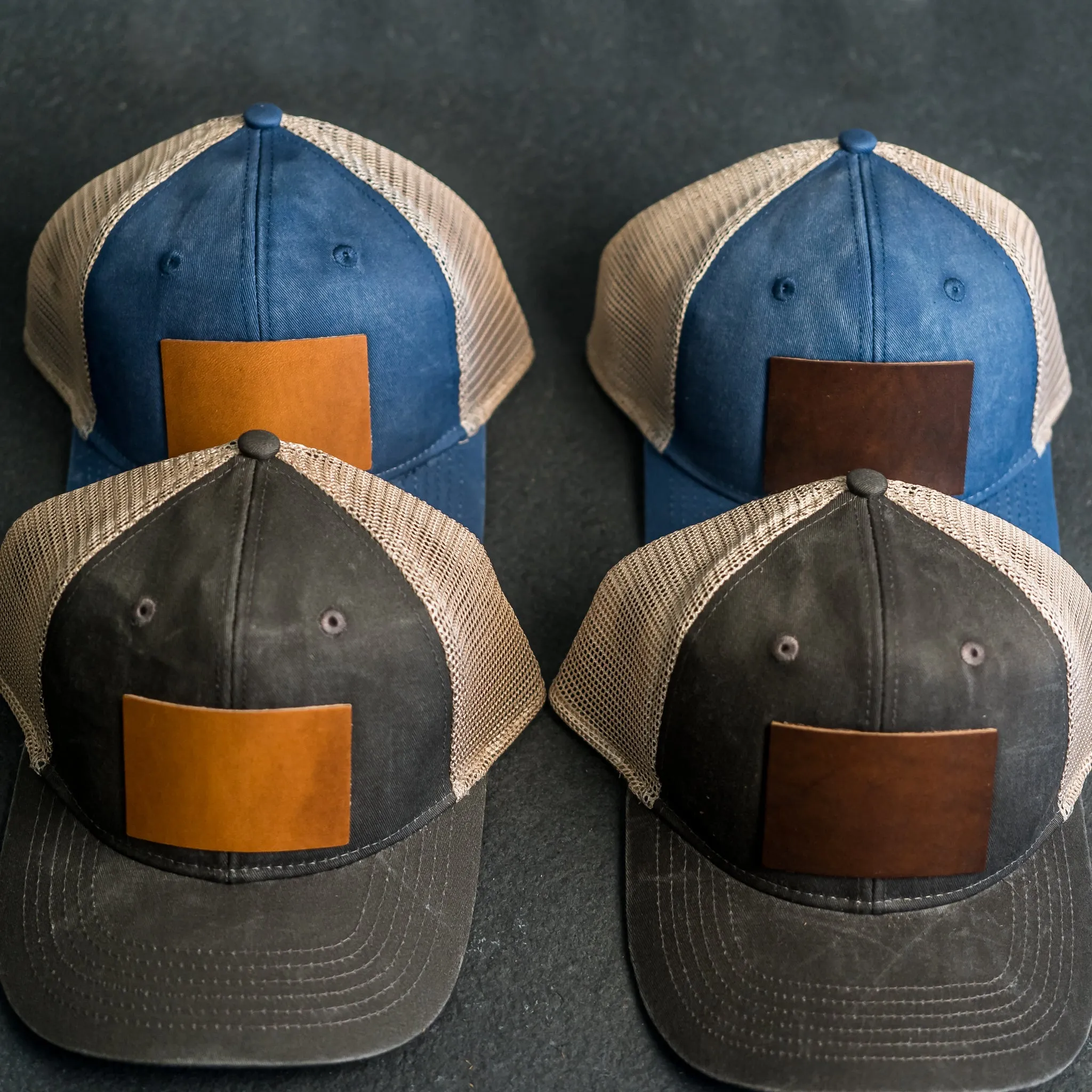 Leather Patch Ponytail Style Hat - Circle Patch - Floral Stamp