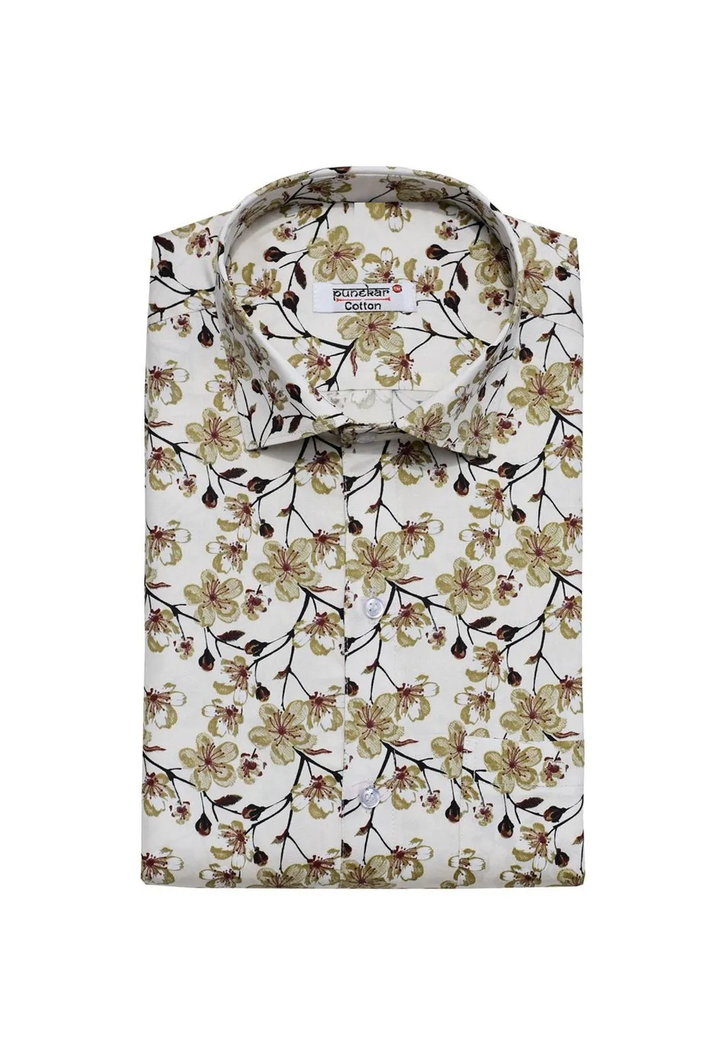 Punekar Cotton White Brown Color Printed Pure Cotton Handmade Formal Shirt for Men's.