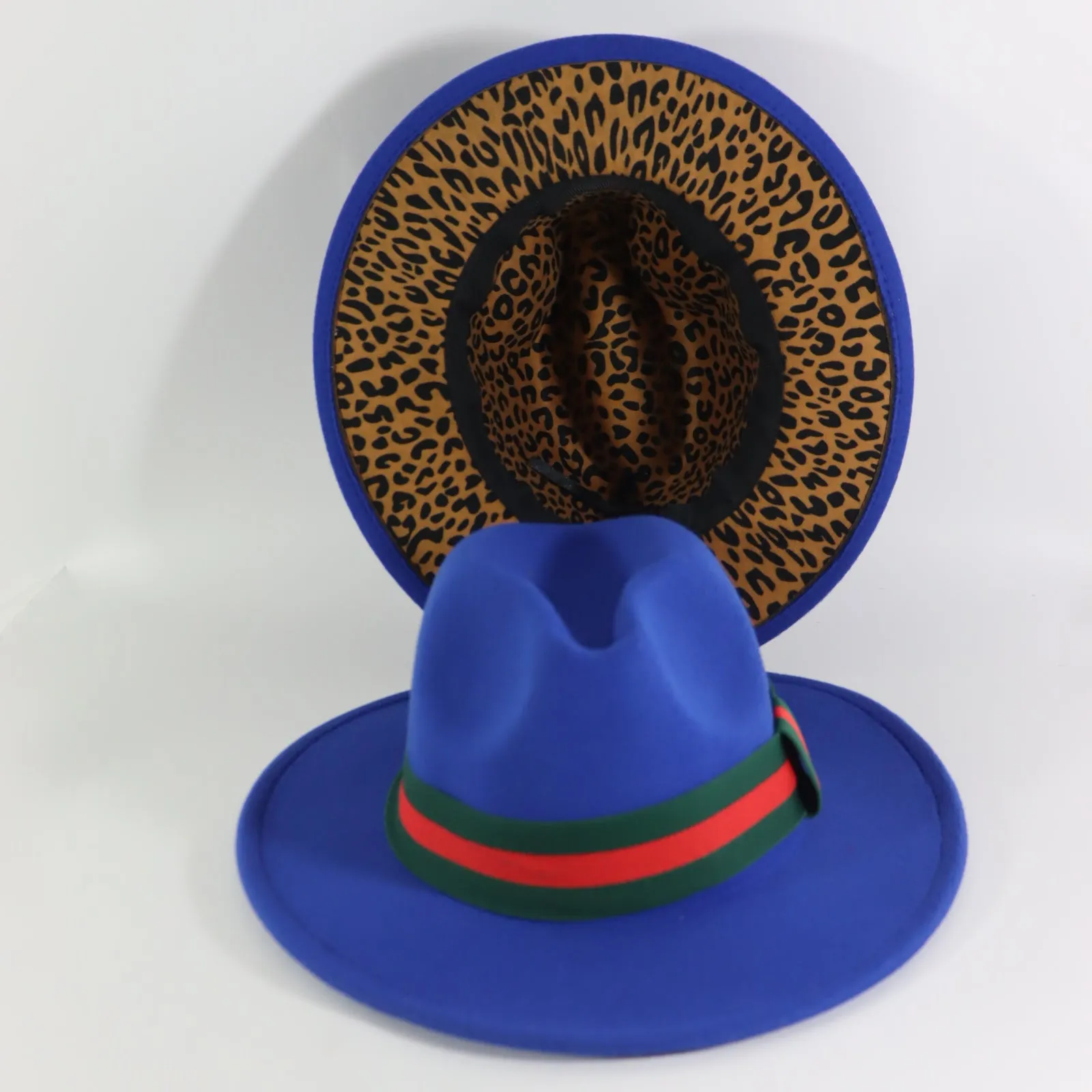 Royal Blue  Fedora Hat w/ Removable Band & Leopard Print Bottom