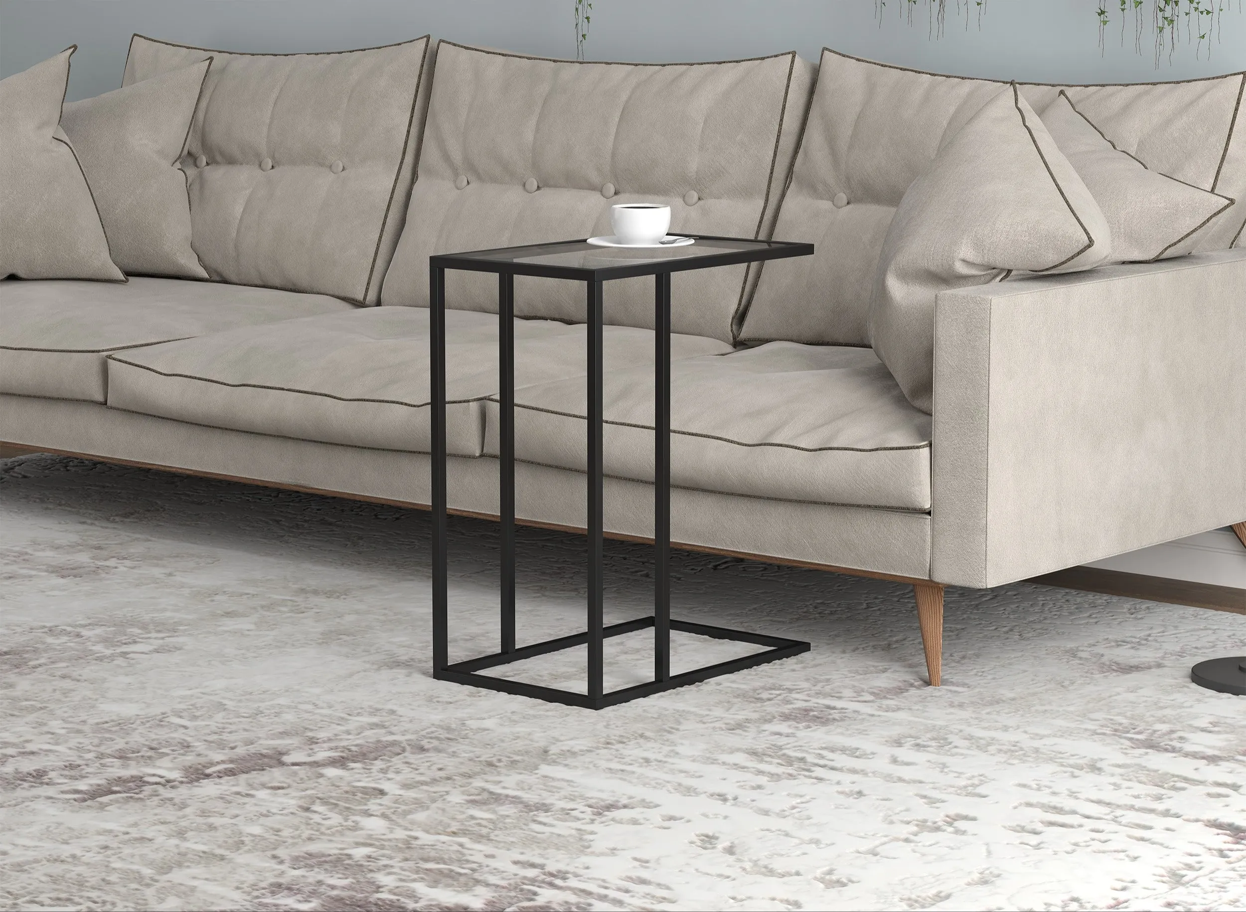 Safdie & Co. Accent Table 19L C-Shaped Glass Black Metal