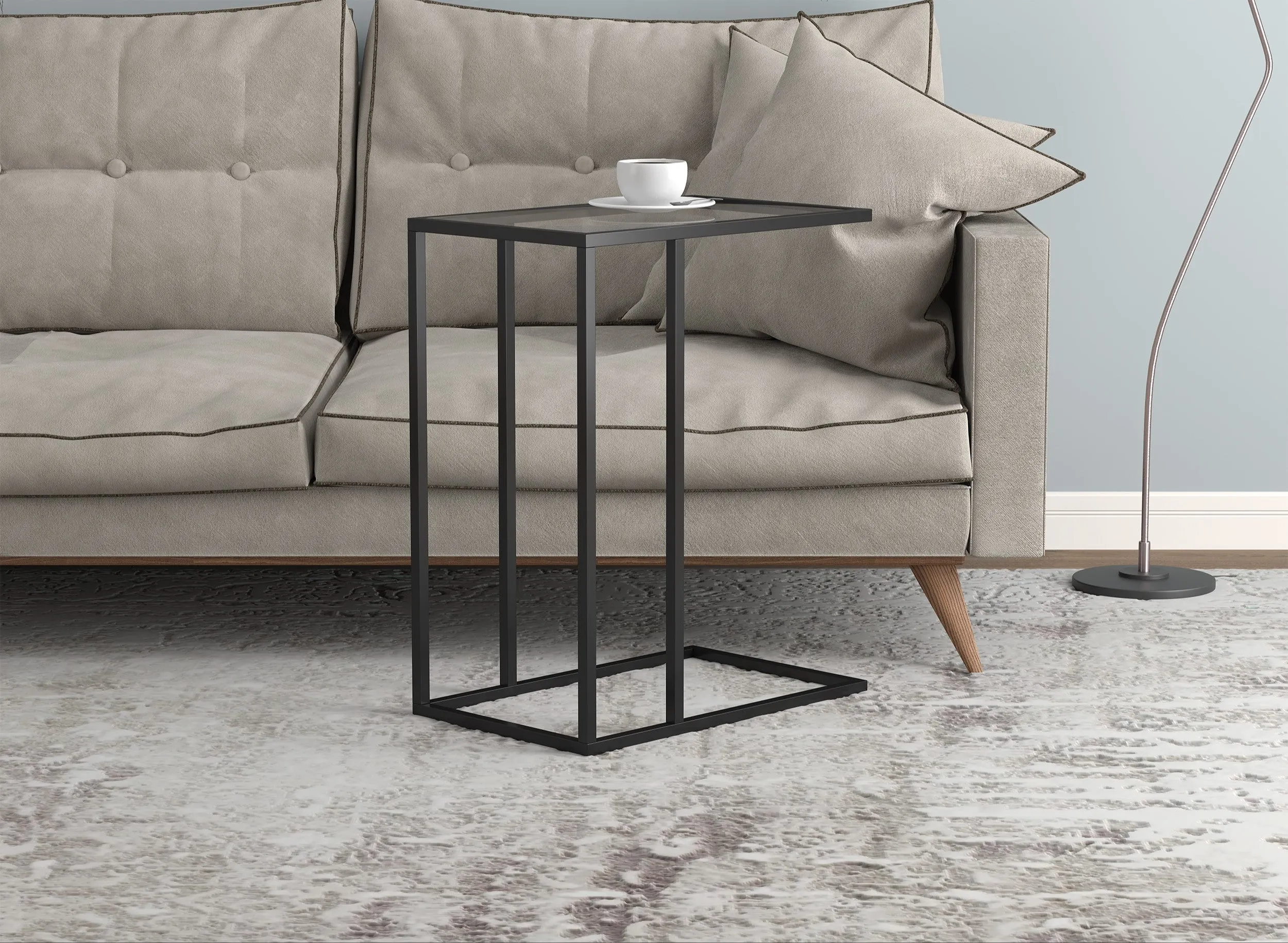 Safdie & Co. Accent Table 19L C-Shaped Glass Black Metal