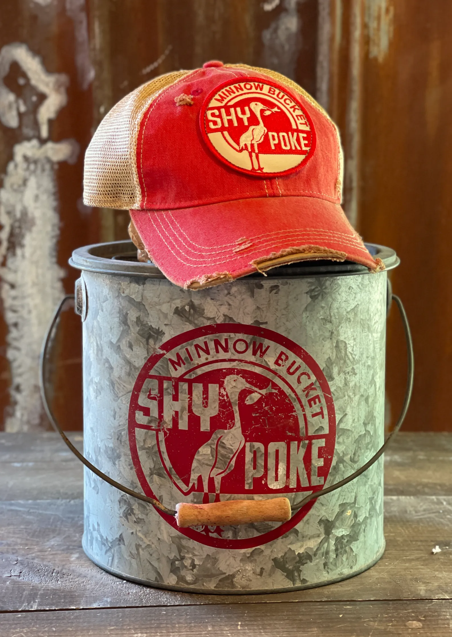 SHY POKE Minnow Bucket Hat- Distressed Red Snapback