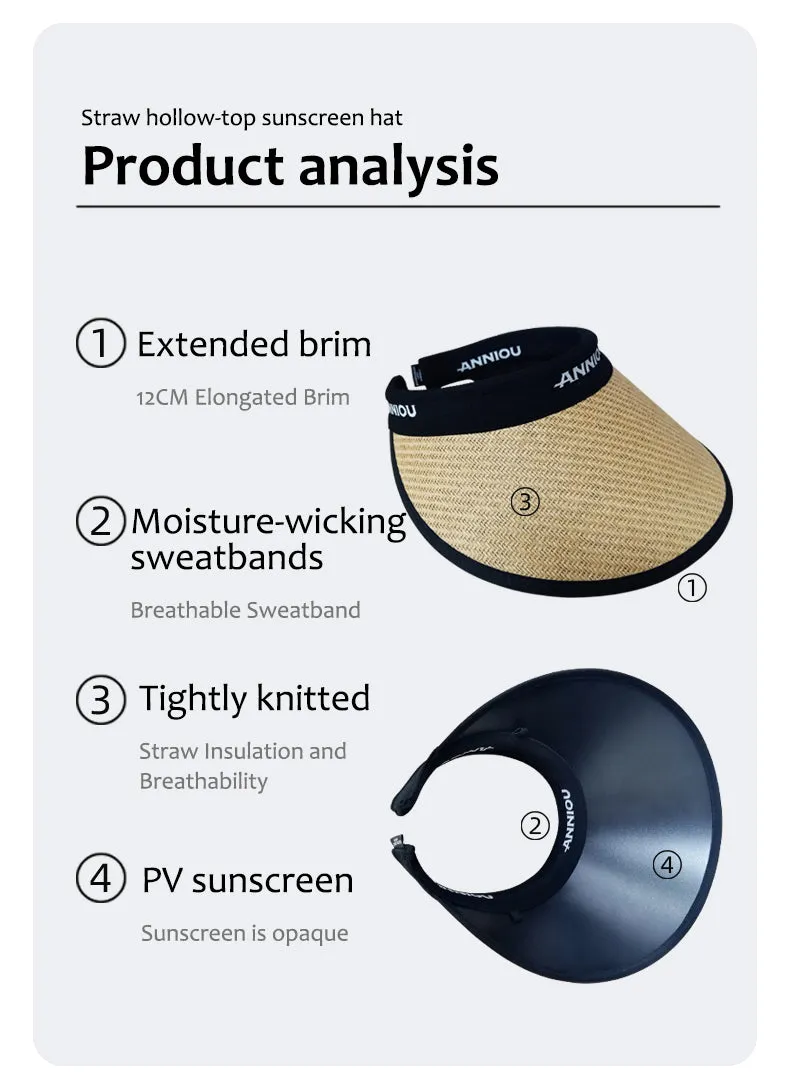 Sidiou Group ANNIOU Summer Vinyl Sun Visor Empty Top Sun Hat Beach Cycling Outdoor UV Protection Adjustable Windproof Rope Straw Sun Hats for Ladies