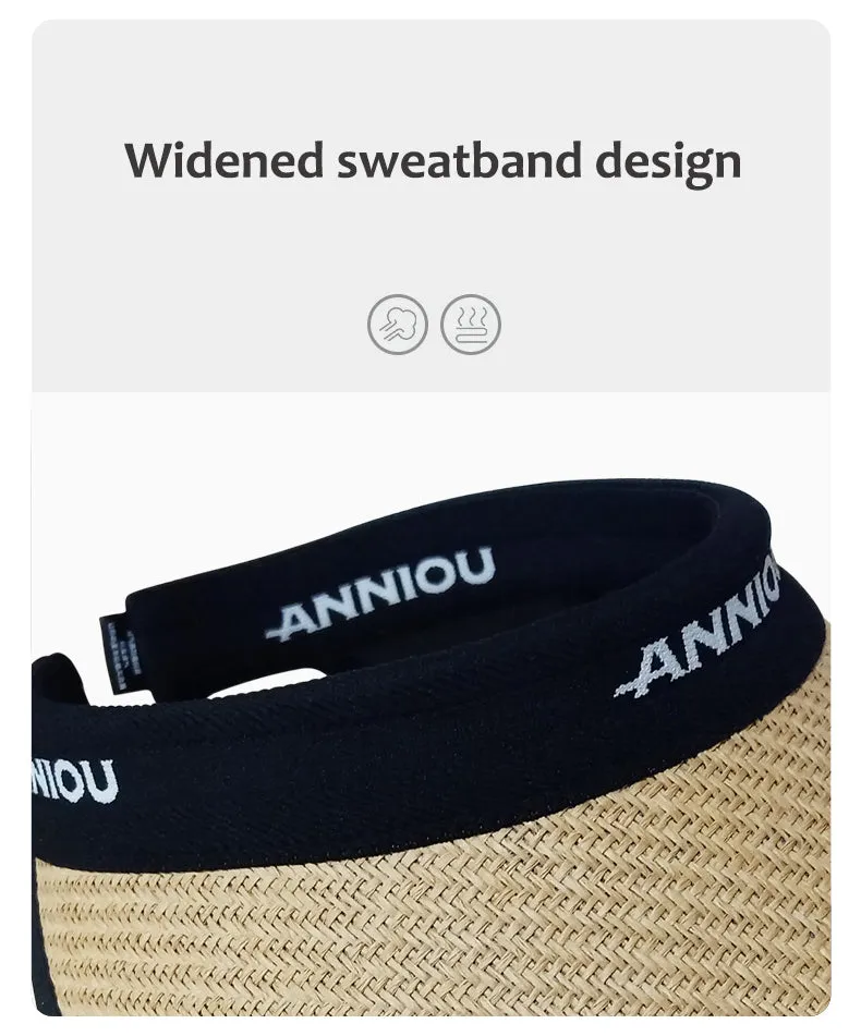 Sidiou Group ANNIOU Summer Vinyl Sun Visor Empty Top Sun Hat Beach Cycling Outdoor UV Protection Adjustable Windproof Rope Straw Sun Hats for Ladies