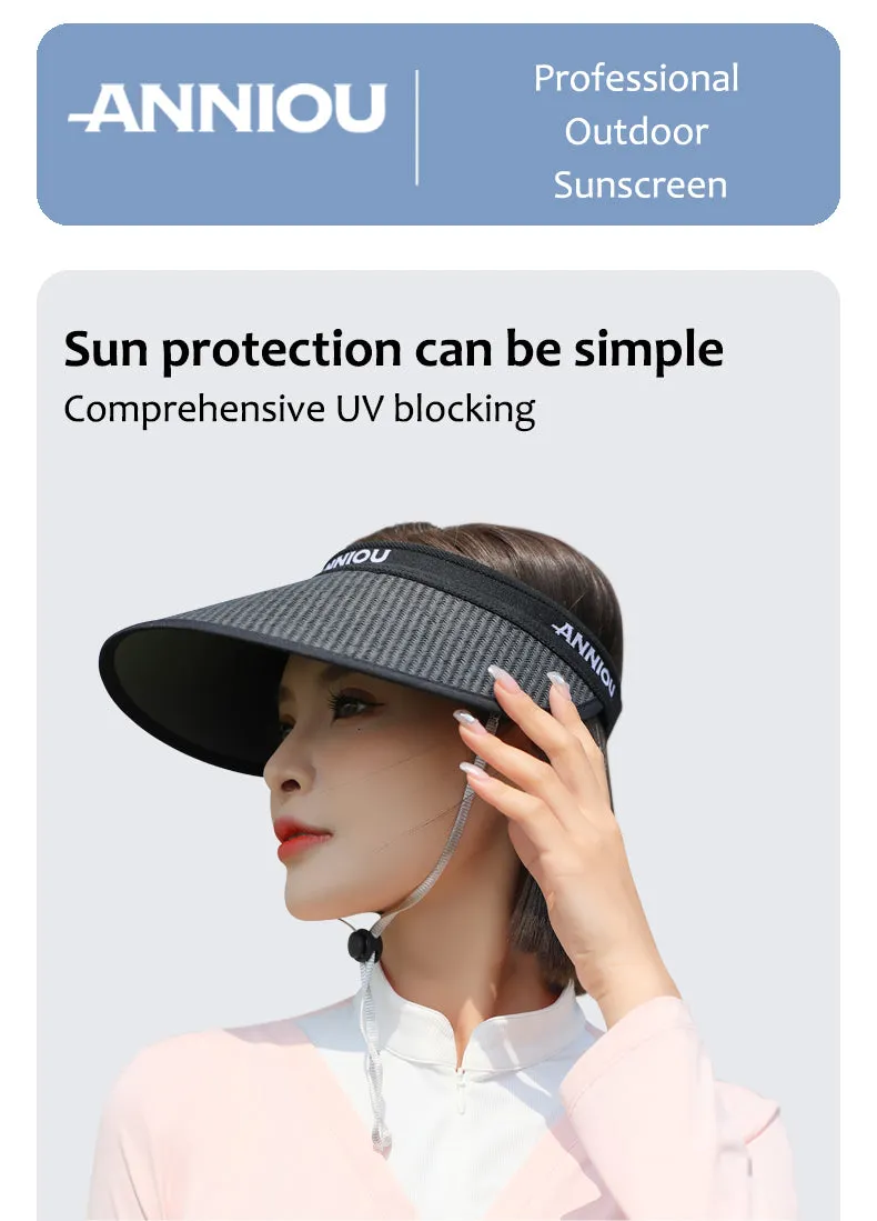 Sidiou Group ANNIOU Summer Vinyl Sun Visor Empty Top Sun Hat Beach Cycling Outdoor UV Protection Adjustable Windproof Rope Straw Sun Hats for Ladies