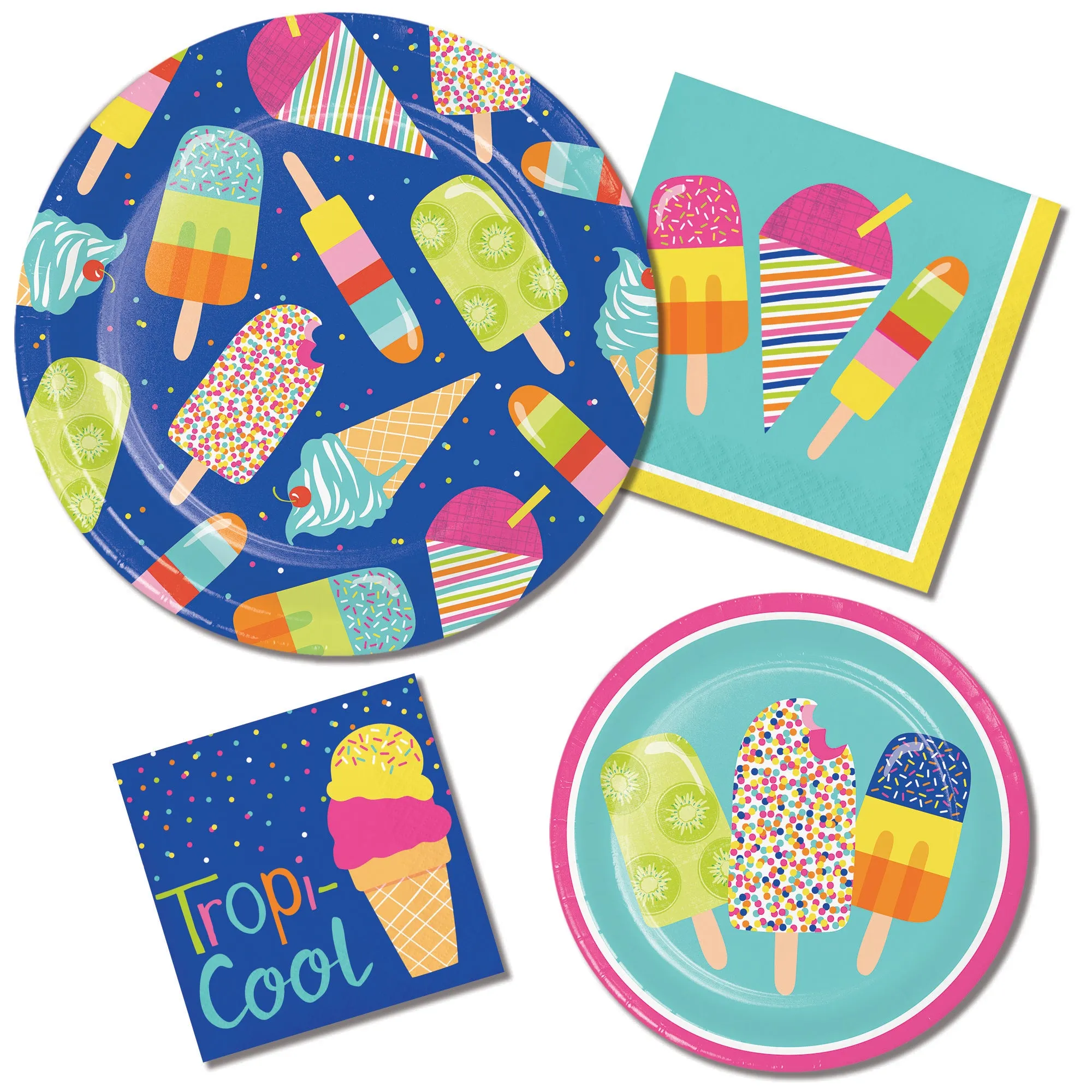 Sweet Summer Treats Ice Cream and Popsicle Round Paper Plates, Napkins, & Forks(Serves 16)