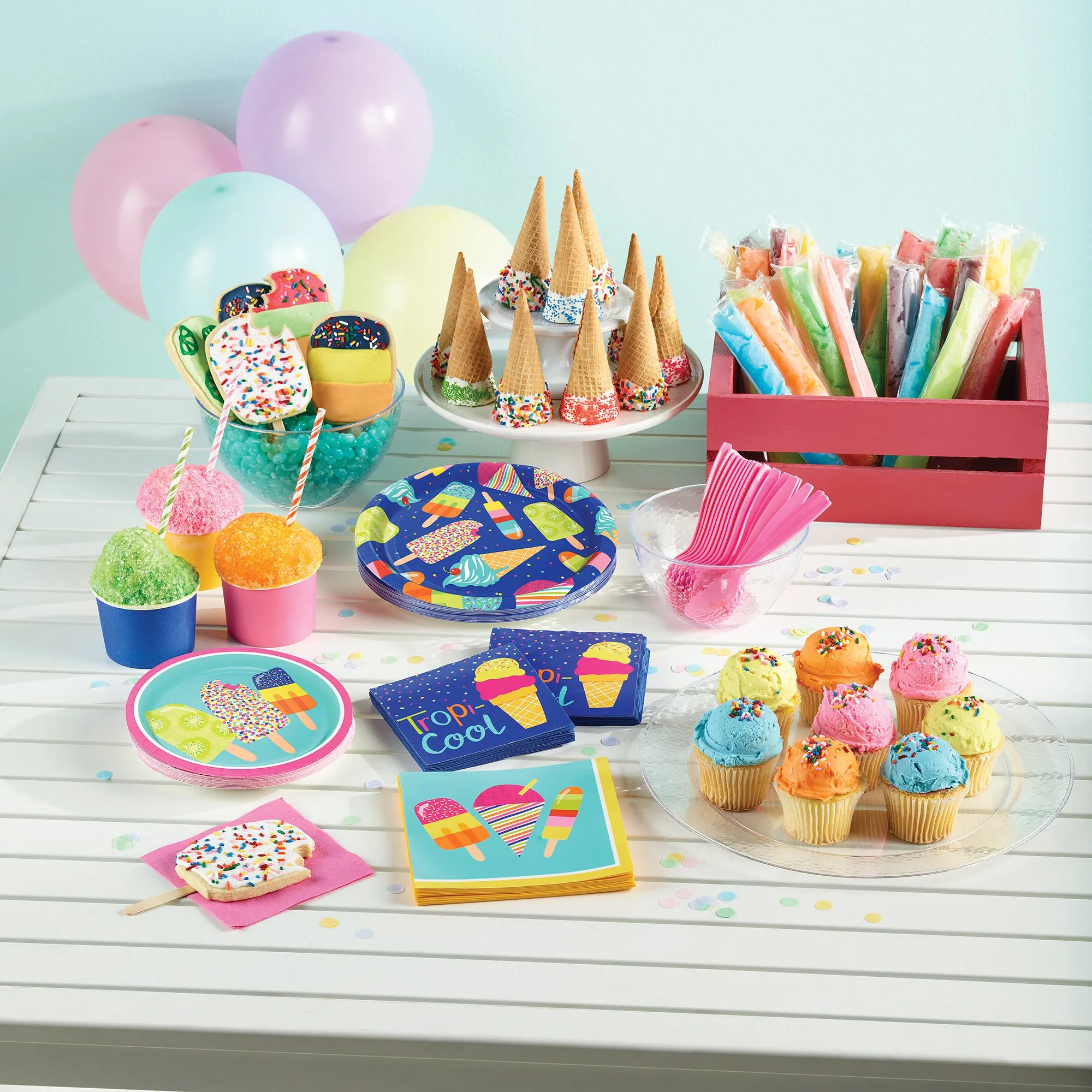 Sweet Summer Treats Ice Cream and Popsicle Round Paper Plates, Napkins, & Forks(Serves 16)
