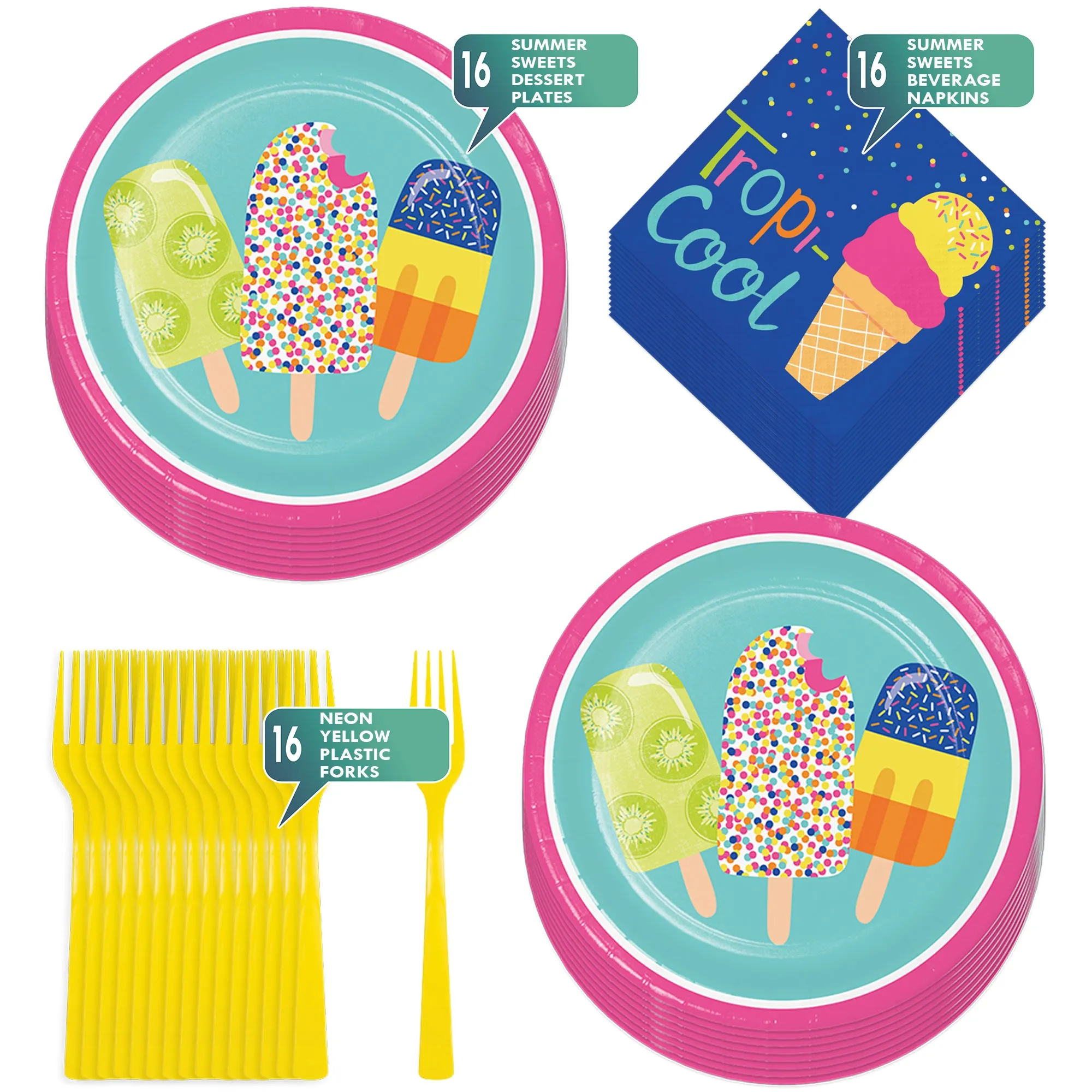 Sweet Summer Treats Ice Cream and Popsicle Round Paper Plates, Napkins, & Forks(Serves 16)