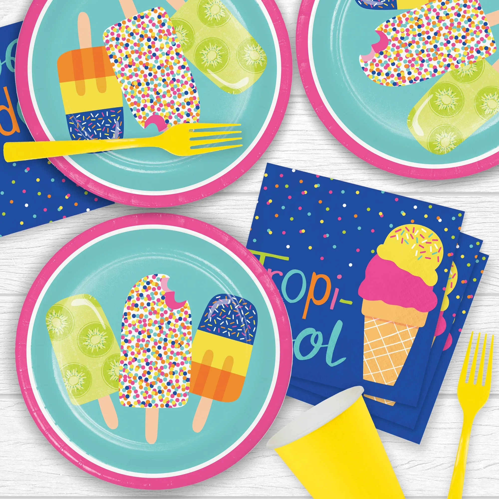 Sweet Summer Treats Ice Cream and Popsicle Round Paper Plates, Napkins, & Forks(Serves 16)