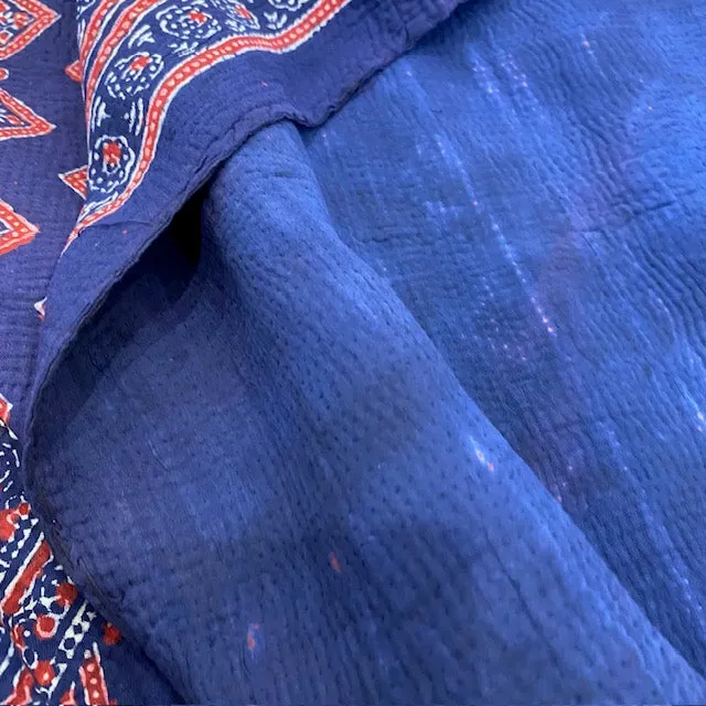 Vintage Kantha Quilt Red and Blue Background W1